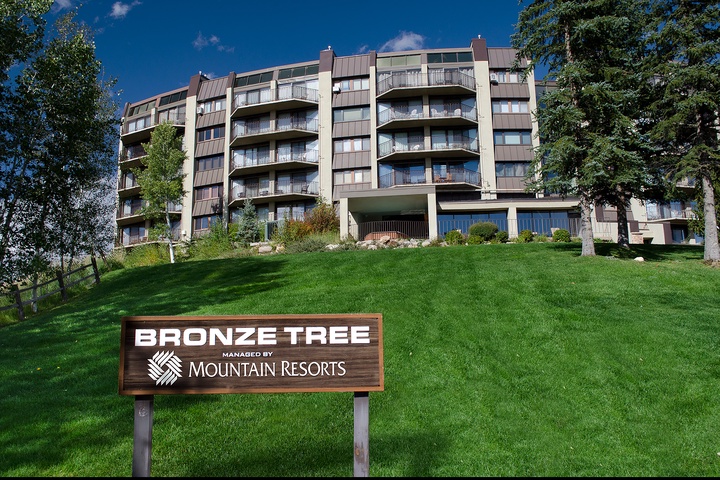 Bronze Tree managed by Mountain Resorts is a multi-level property surrounded by lush green lawns and mature trees, offering a welcoming mountain retreat setting.