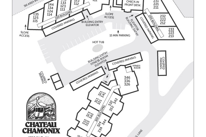 An aerial site plan of the property showing building layouts, numbered units, parking areas, a hot tub, fitness room, and ski trail access near the slopes.