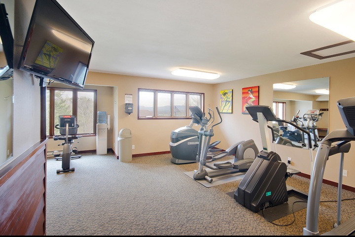 Keep up with your fitness routine in this well-equipped gym, featuring cardio machines, strength equipment, and natural light to energize your workout.