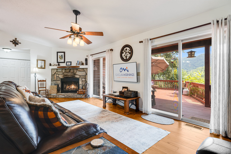 Living Area w/ Wood Fireplace, Smart TV & Mountain Views