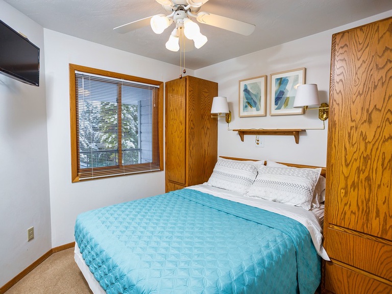 Primary bedroom (main level) includes a queen bed, ceiling fan, TV, room darkening shades, hangers and extra blankets