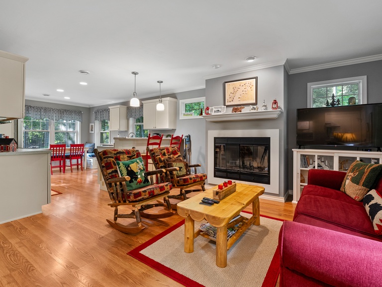 Living room with pull-out queen sleeper sofa + wood burning fireplace!