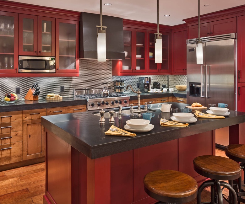Kitchen, Main Level - Wood cabinetry with bar seating