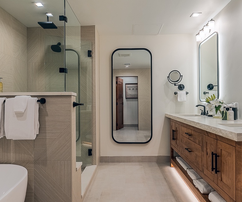 Bedroom 1, Main Level - Primary ensuite with single vanity and walk-in shower