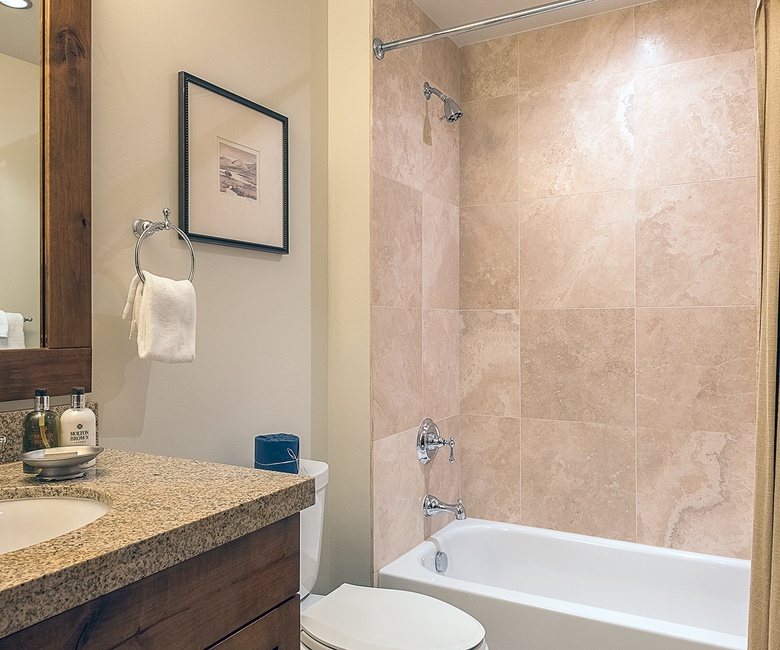 Shared Bathroom, Main Level - Hall bathroom adjacent to Bedroom 4 with single vanity and shower tub combo