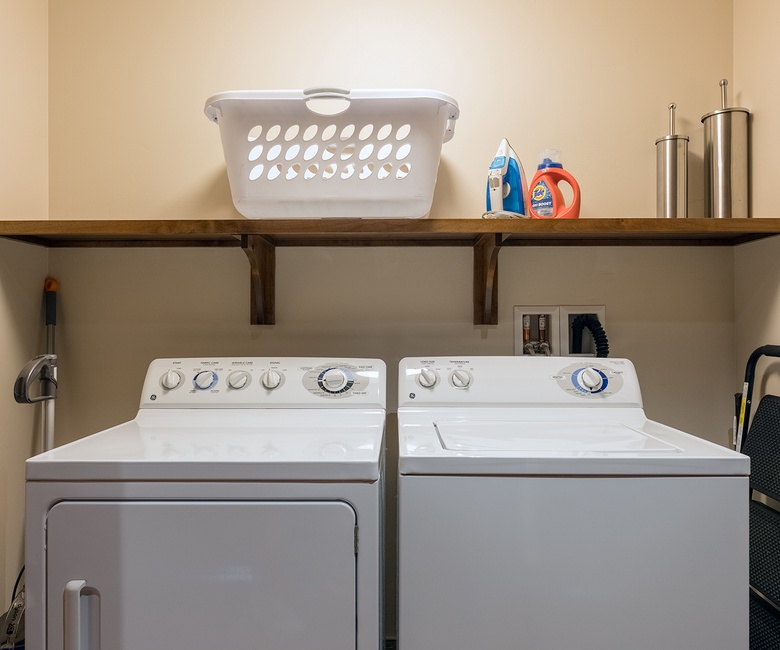 Your laundry essentials are all right here, ready when you need them—washer, dryer, and everything to keep your vacation wardrobe fresh.