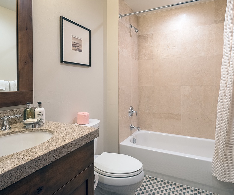 Shared Bathroom, Main Level - Hall bathroom adjacent to Bedroom 4 with single vanity and shower/tub combo