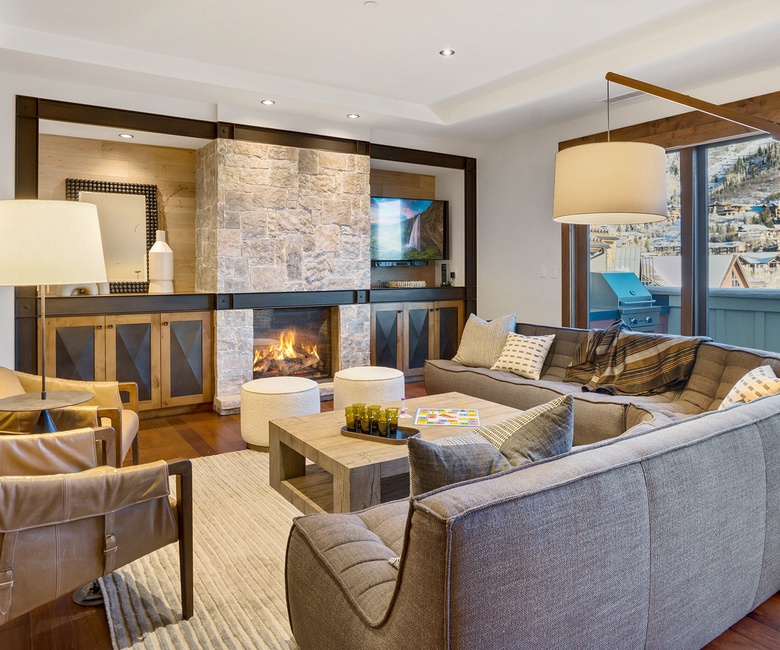 Great Room, Main Level - With fireplace, TV and views