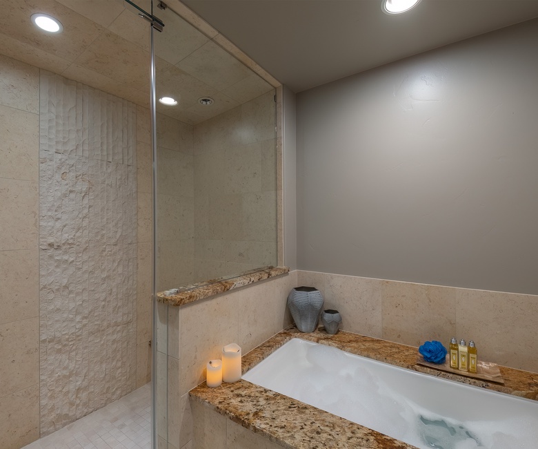 Bedroom 1, Main Level - Primary ensuite with walk in shower and tub