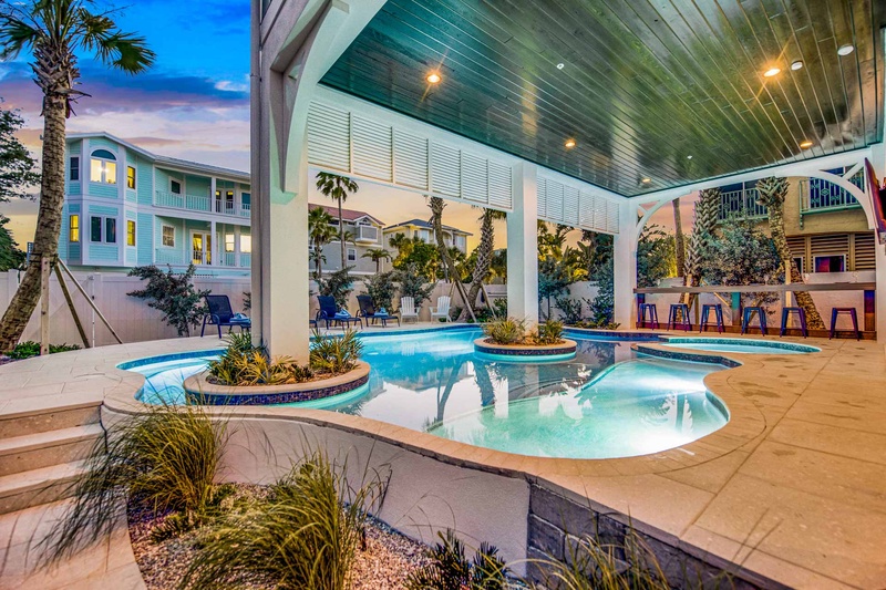 Outdoor Pool Area at Night