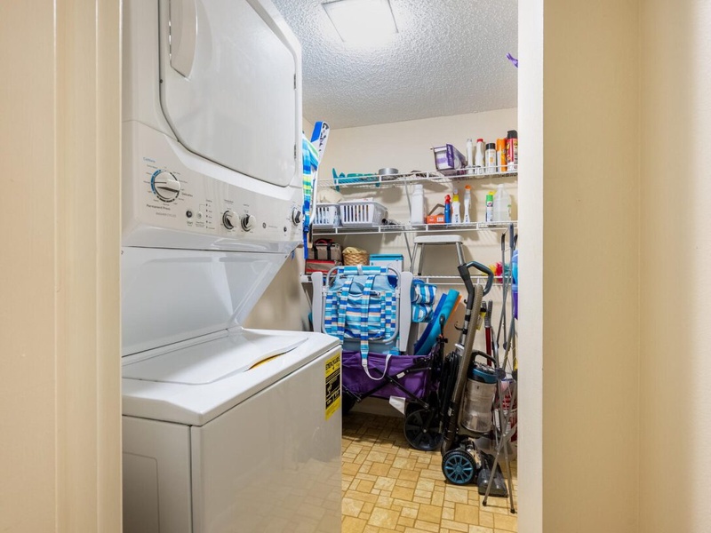 Convenient in-unit laundry with washer and dryer keeps your vacation wardrobe fresh and ready for your next adventure.