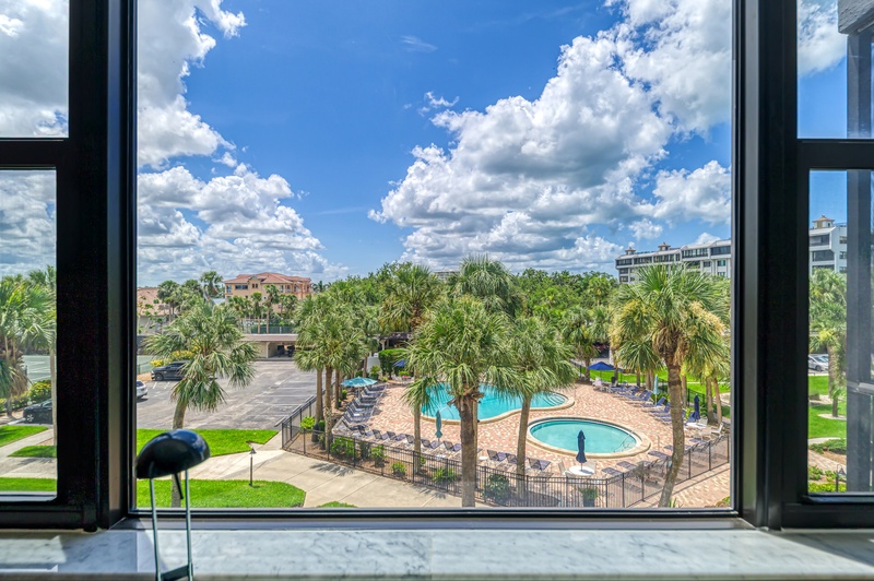 Enjoy stunning views of the sparkling pool and tropical palm trees from your room's expansive window.