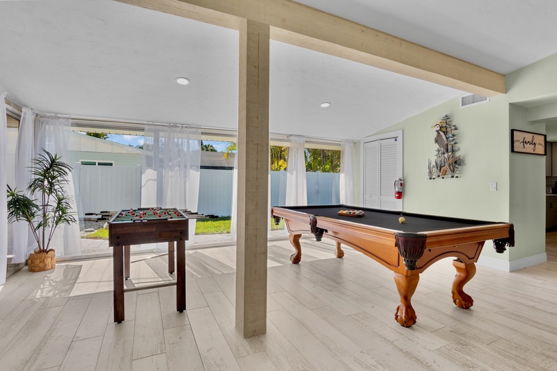 Challenge friends to pool or foosball with outdoor views