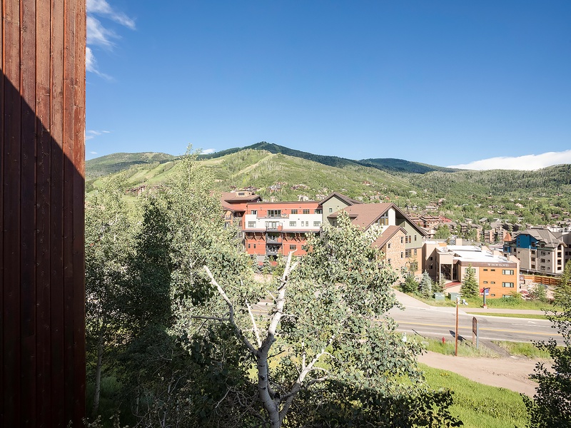 Expansive mountain views stretch across green peaks and neighboring properties, framing the property's setting in a peaceful alpine community with clear skies overhead.