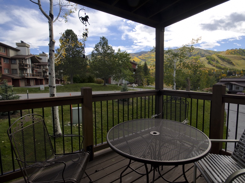 Scenic mountain view from your private terrace where golden aspens frame the distant peaks. Perfect spot for morning coffee or evening relaxation with nature's beauty as your backdrop.