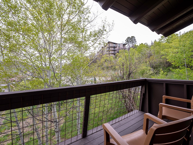 Step onto your private balcony and breathe in the crisp mountain air while surrounded by lush spring greenery and peaceful natural beauty.