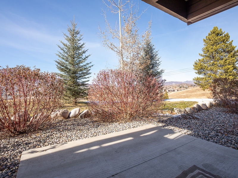 The property offers sweeping views of rolling hills and distant mountains, framed by mature evergreens and seasonal landscaping along the perimeter.