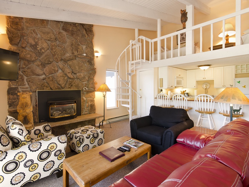 Cozy living area featuring a dramatic stone fireplace, comfortable seating, and a unique spiral staircase leading to your private loft-style sleeping area—perfect for mountain getaway memories.