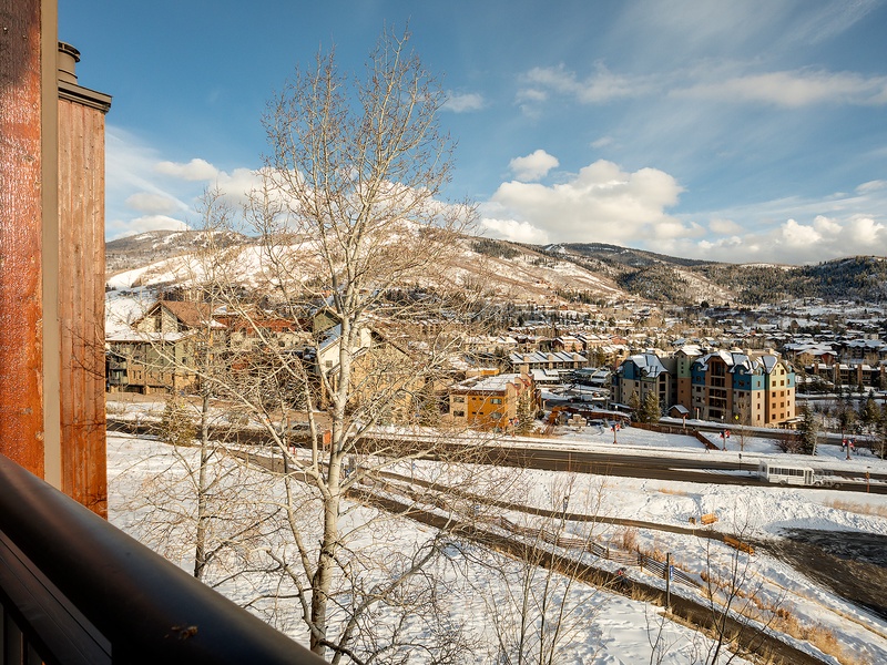 Sweeping winter mountain vistas frame this charming alpine village, where snow-dusted slopes meet a picturesque ski town below, offering a serene seasonal backdrop to the property's location.