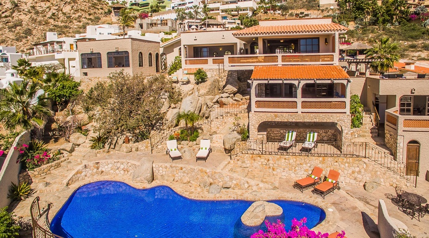 Aerial view of pool and villa