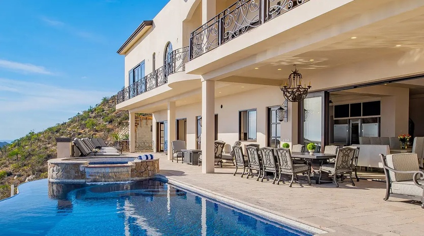 Poolside view of villa exterior