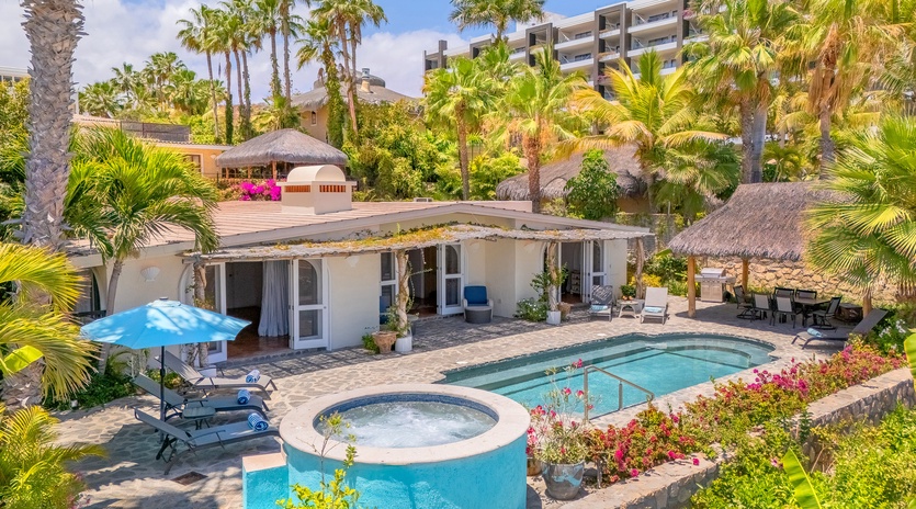 Sunny poolside patio