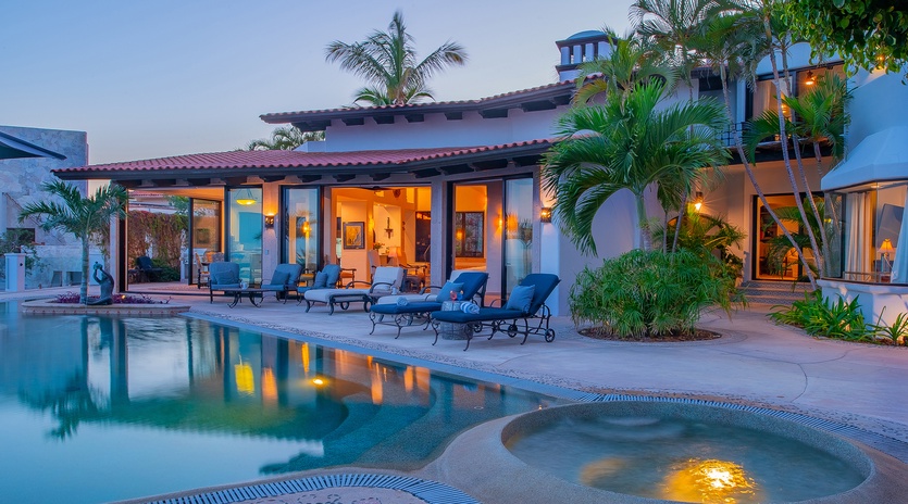 Poolside view of villa exterior