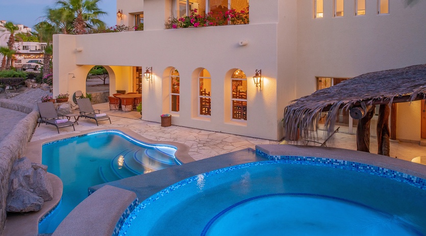 Private pool and jacuzzi during sunset