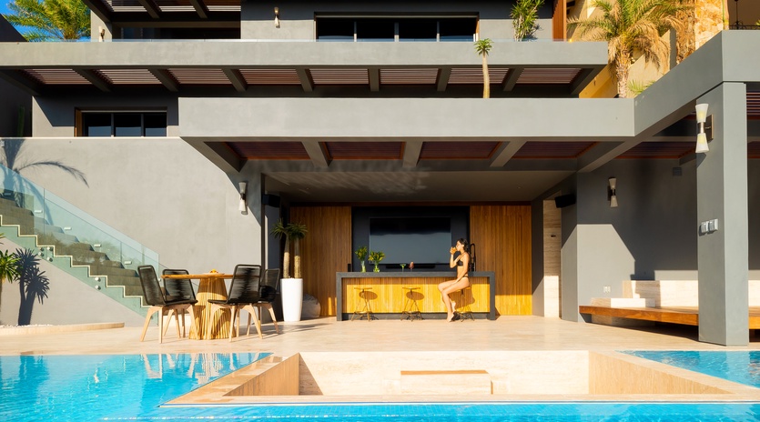 Sunny patio with infinity pool