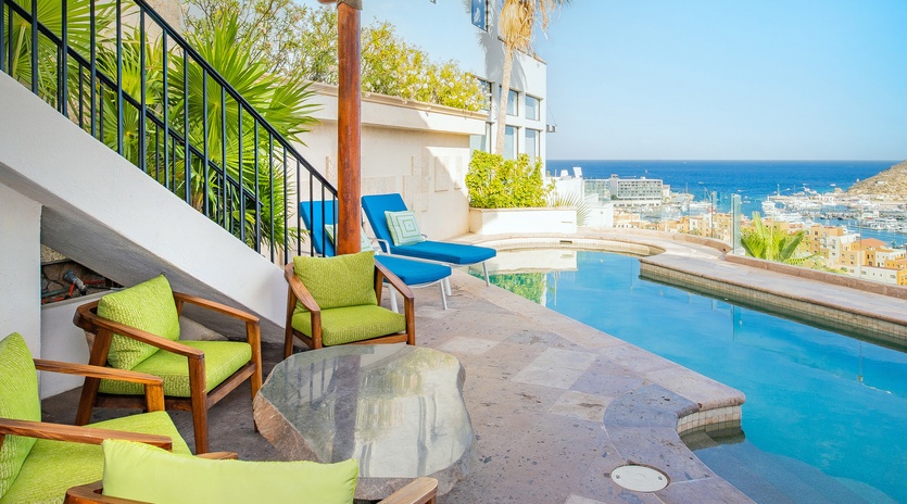 Outdoor patio seating with ocean view