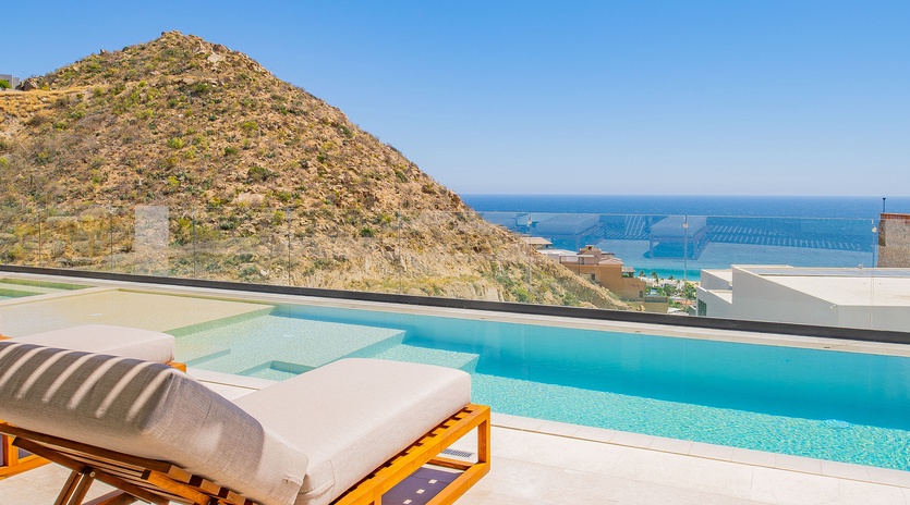 Private pool with stunning sea and mountain views overlooking the Mediterranean coastline.