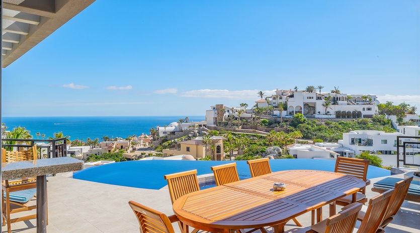Patio and outdoor seating with incredible ocean view