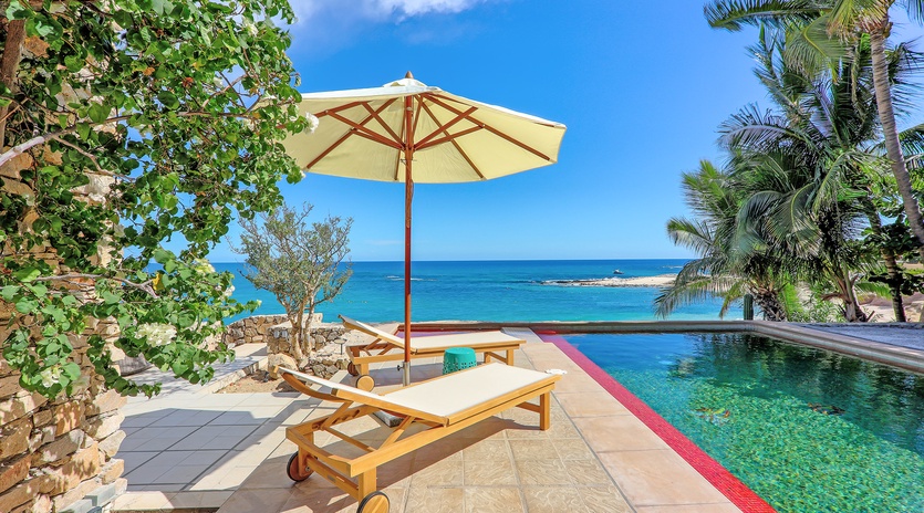 Patio with pool and beach view