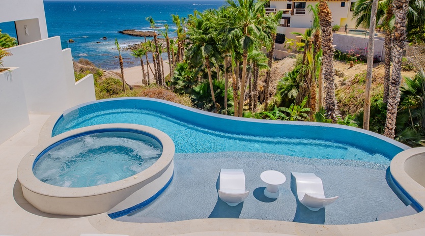 Poolside patio with ocean views