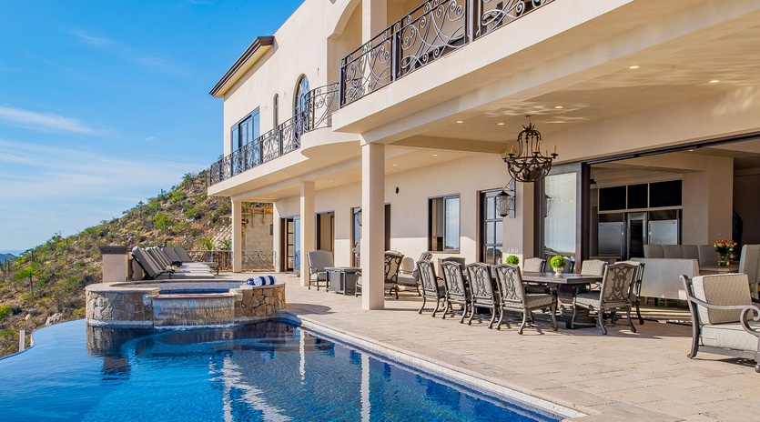 Poolside view of patio and exterior