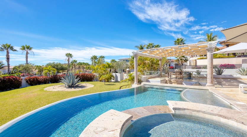 Sunny patio with pool and jacuzzi