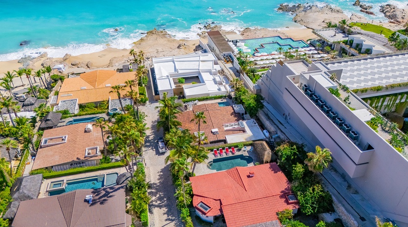 Aerial view of villa and beach