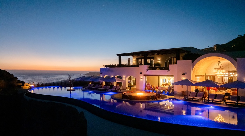Aerial of villa during sunset