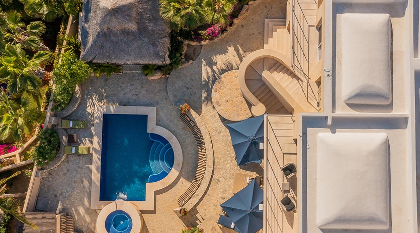 Aerial view of poolside patio
