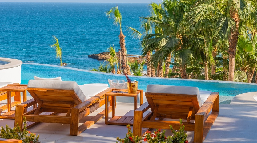 Poolside patio with ocean views