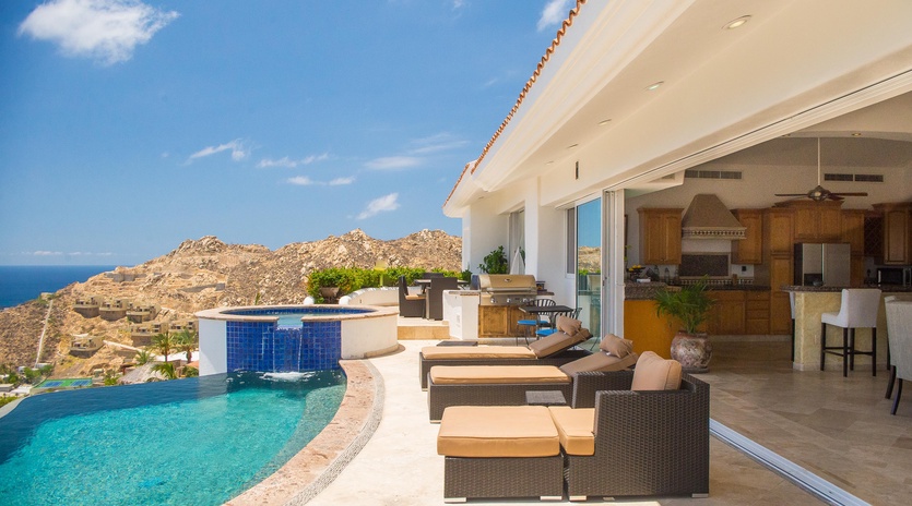 Hot tub, pool, and relaxing seating