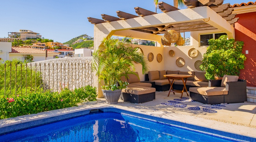 Poolside patio with outdoor seating