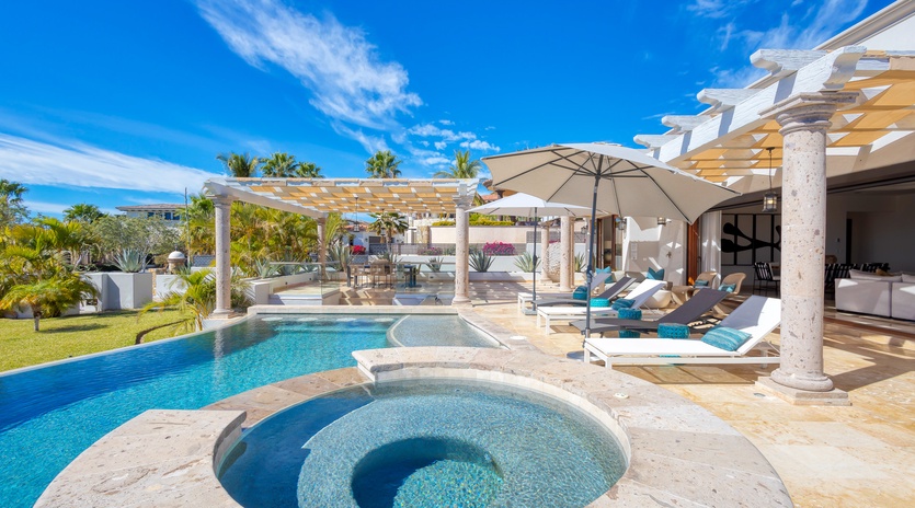 Sunny patio with pool and jacuzzi
