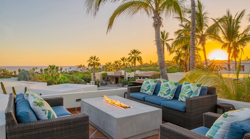 Rooftop of villa with a fire pit and incredible ocean views