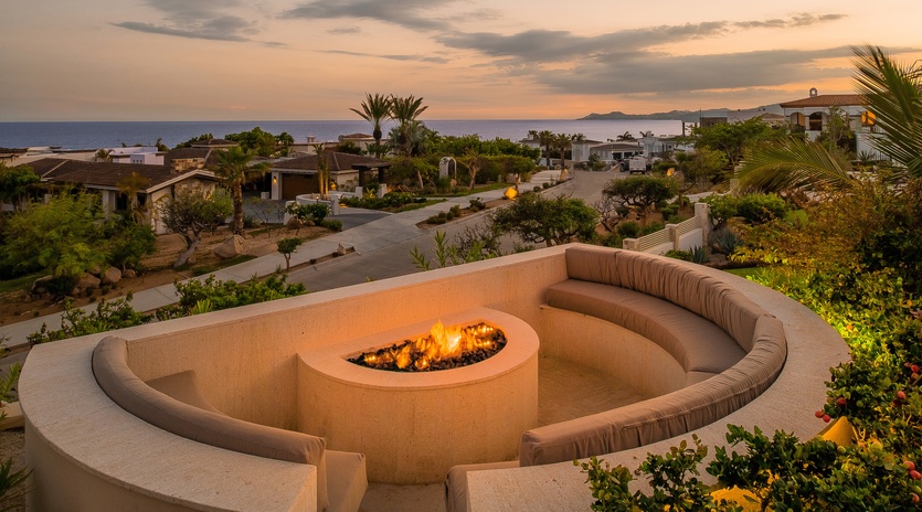 Fire pit with ocean views and spacious seating