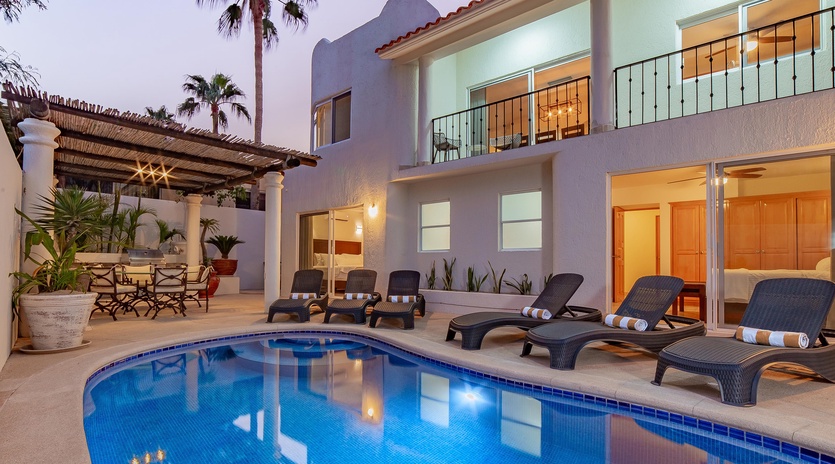 Inviting outdoor terrace with swimming pool, jacuzzi and patio furniture
