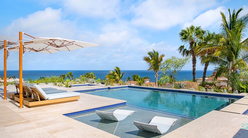 Infinity pool with ocean views and sun loungers—your perfect tropical escape awaits beneath swaying palms and endless blue skies.