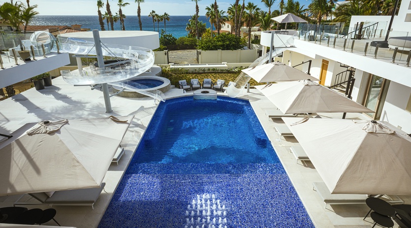 Sunny poolside with ocean views