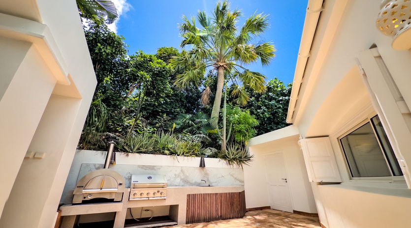 Step into your private outdoor kitchen, where sunlight filters through swaying palms and tropical greenery frames your open-air culinary space. Perfect for preparing fresh meals under the sky.