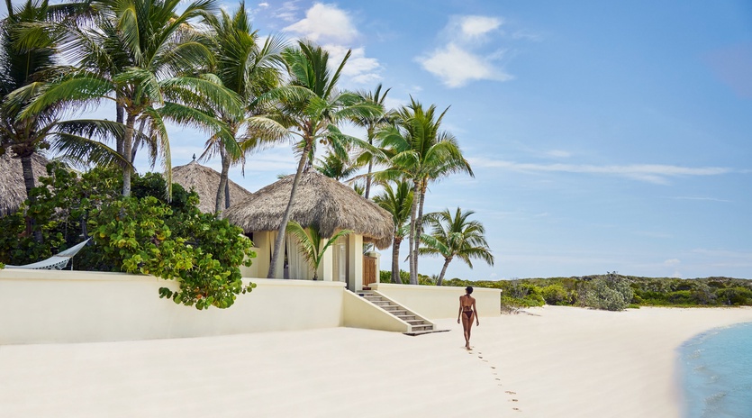 Tropical beachfront property featuring traditional thatched-roof villa surrounded by swaying palm trees on pristine white sand.